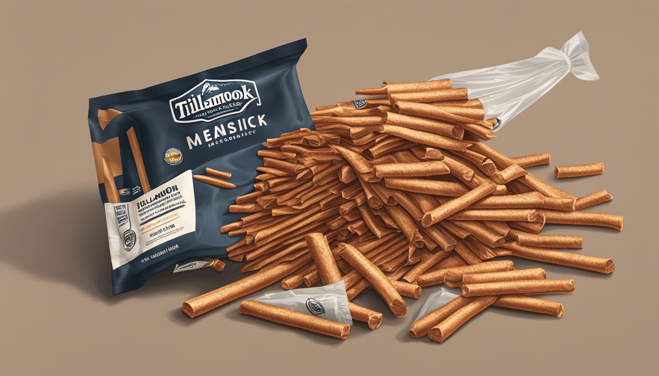 A pile of Tillamook Country Smoker meat sticks spilling out of an open bag, surrounded by empty wrappers