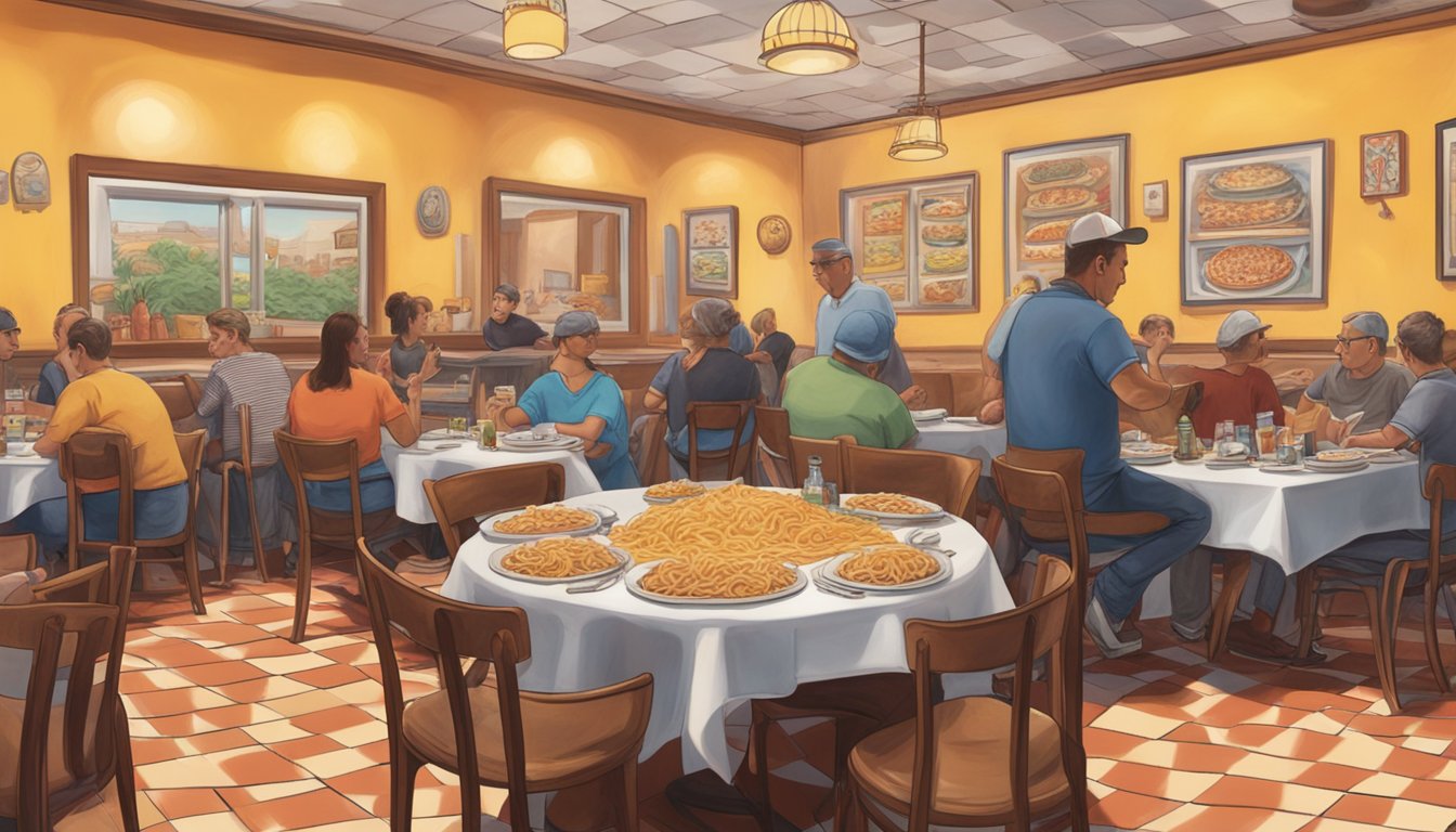 A steaming hot plate of inferno pasta sits on a checkered tablecloth at Joey's Pizzeria, surrounded by empty plates and eager onlookers