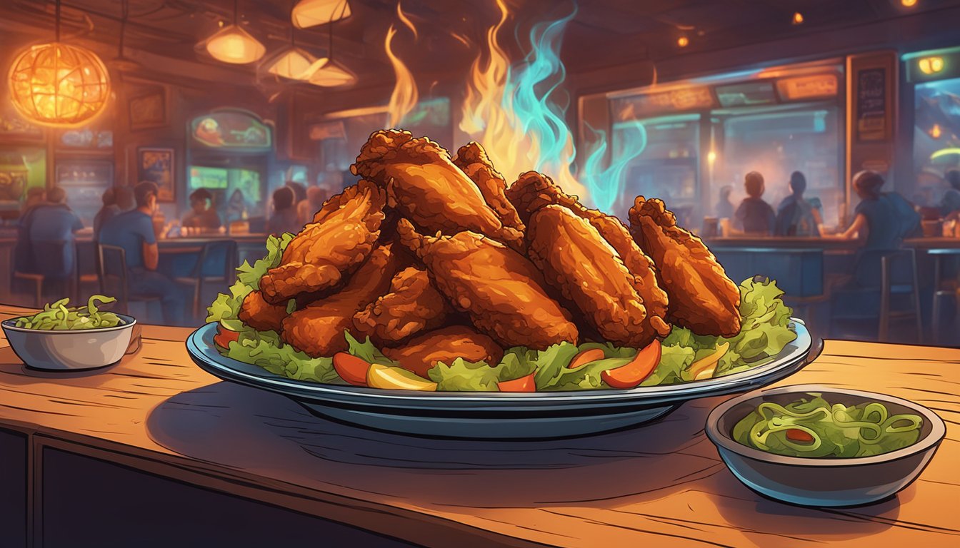 A plate of sizzling buffalo wings with flames and smoke rising, surrounded by alien-themed decor at Space Aliens Grill & Bar