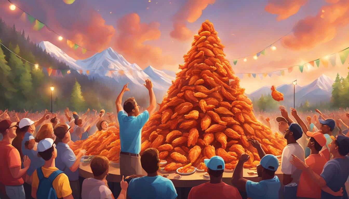 A towering mountain of fiery hot chicken wings, surrounded by cheering spectators and a timer counting down