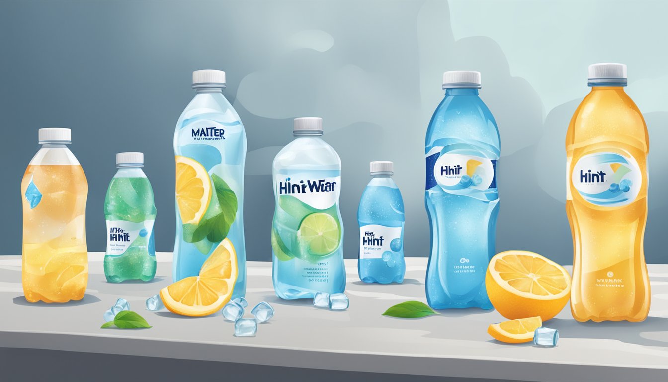 A table with multiple bottles of hint water, some empty and some partially consumed, surrounded by scattered hydration guidelines