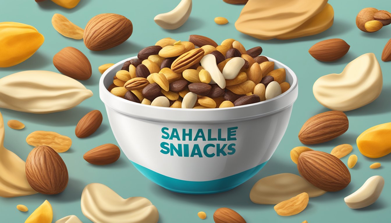 A colorful bag of Sahale Snacks nut blends overflowing from a bowl onto a table