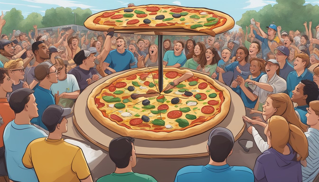 A giant pizza with overflowing toppings sits on a table surrounded by cheering onlookers at Rhombus Guys in North Dakota