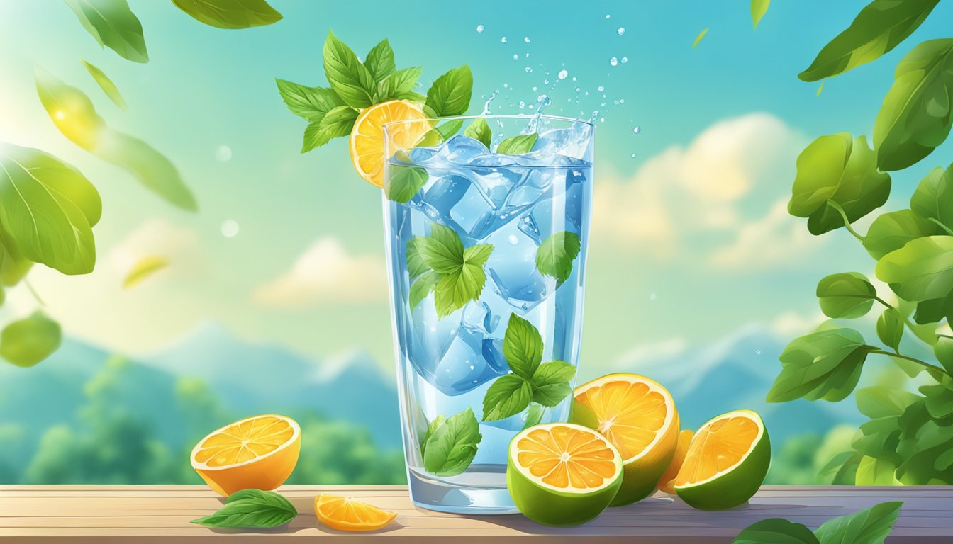 A glass of water overflowing with fresh fruits and herbs, surrounded by vibrant green leaves and a clear blue sky