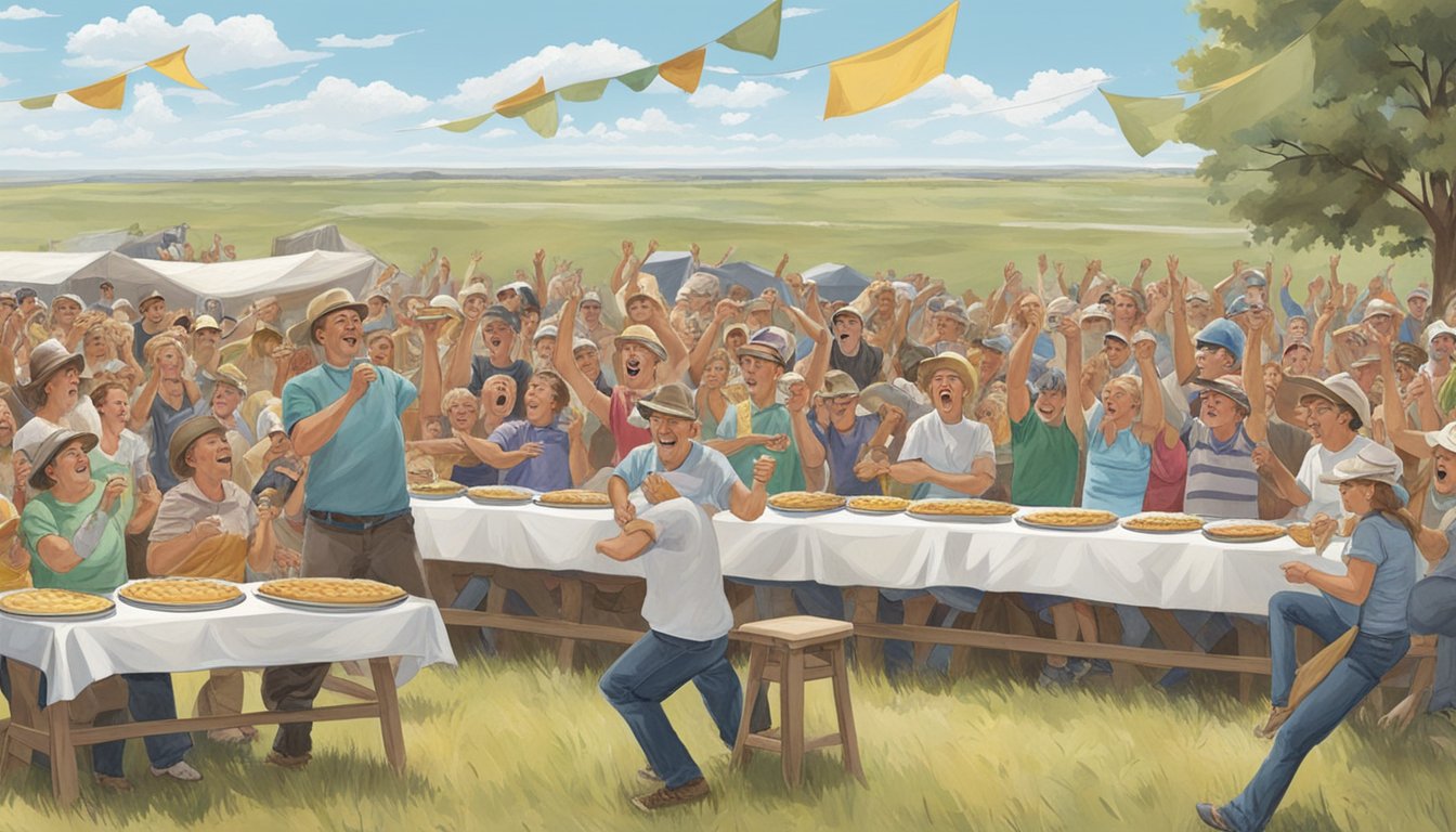 A lively pie-eating contest on the Bismarck prairie, with participants surrounded by cheering spectators and a backdrop of rolling plains