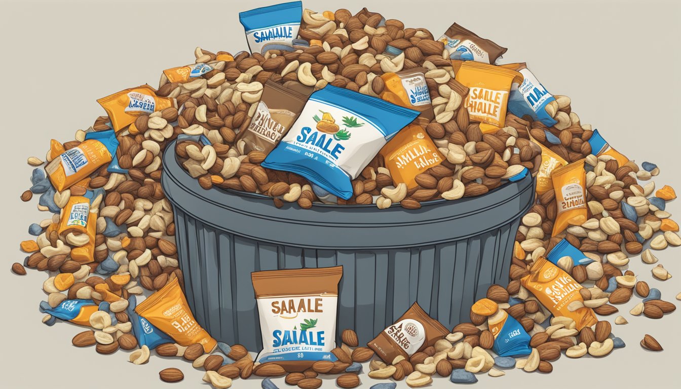 A pile of Sahale Snacks nut blend bags overflowing from a trash can