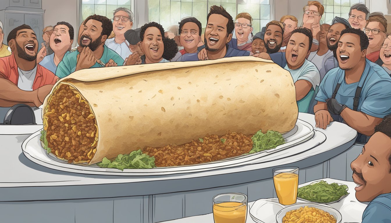 A giant 7-pound burrito sits on a plate, surrounded by cheering onlookers at The Sink's food challenge in North Carolina