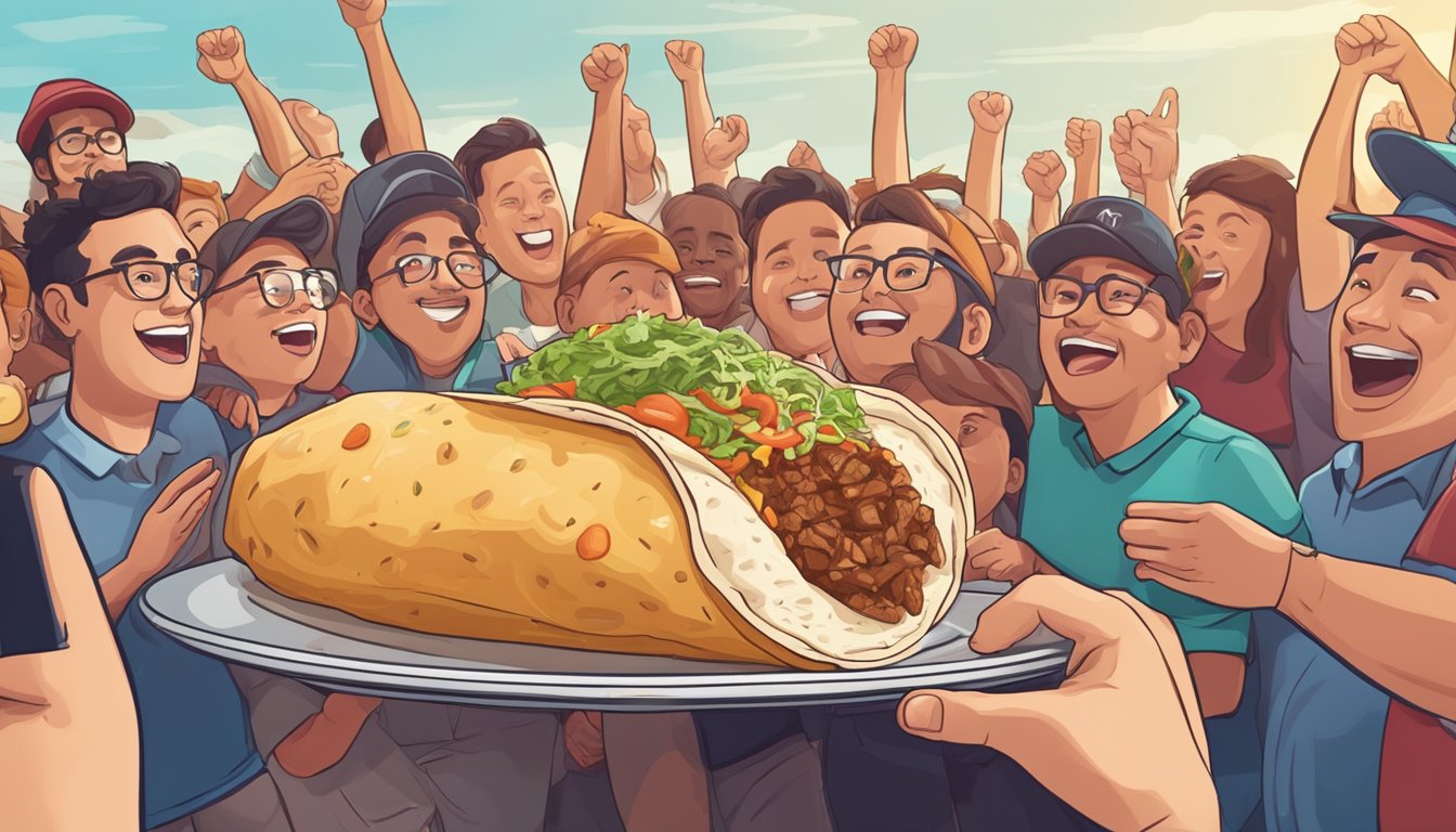 A massive burrito sits on a plate surrounded by cheering spectators. The challenge takes place in a bustling restaurant with a festive atmosphere