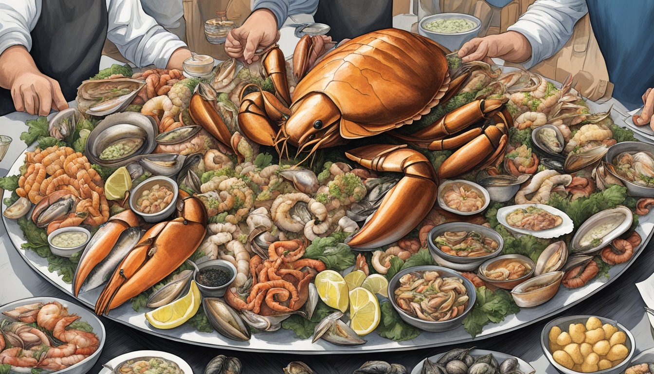 A colossal platter piled high with a variety of seafood mollusks, surrounded by onlookers at Big Daddy's in North Carolina