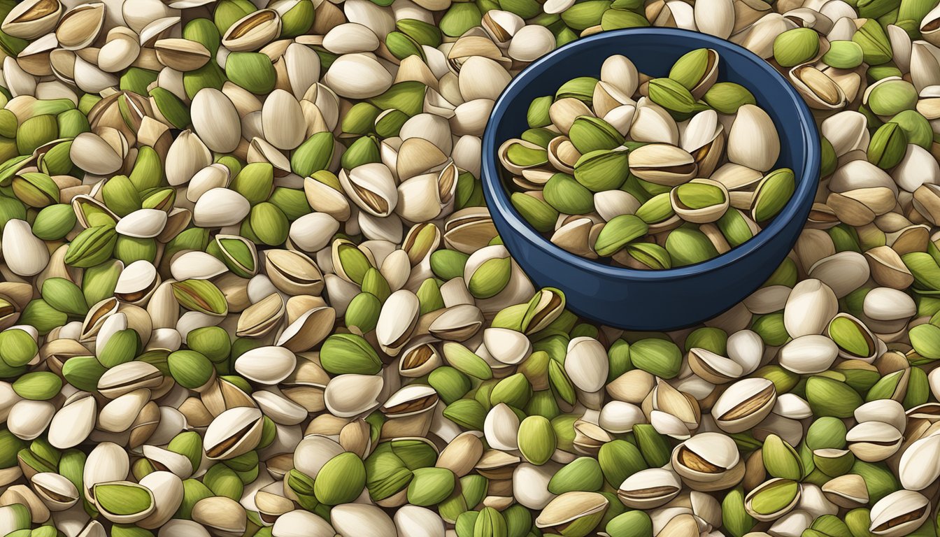 A mountain of empty pistachio shells surrounds an overflowing bowl of nuts, with scattered bags piled nearby