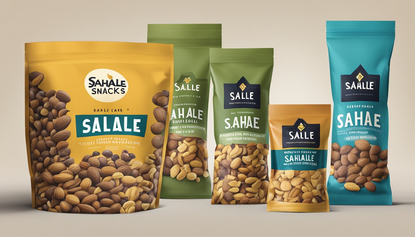 A table with multiple bags of Sahale Snacks nut blends, with one bag being significantly larger than the others