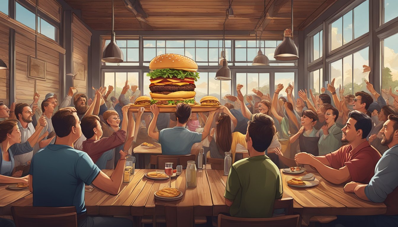 A towering burger surrounded by cheering spectators in a rustic restaurant setting