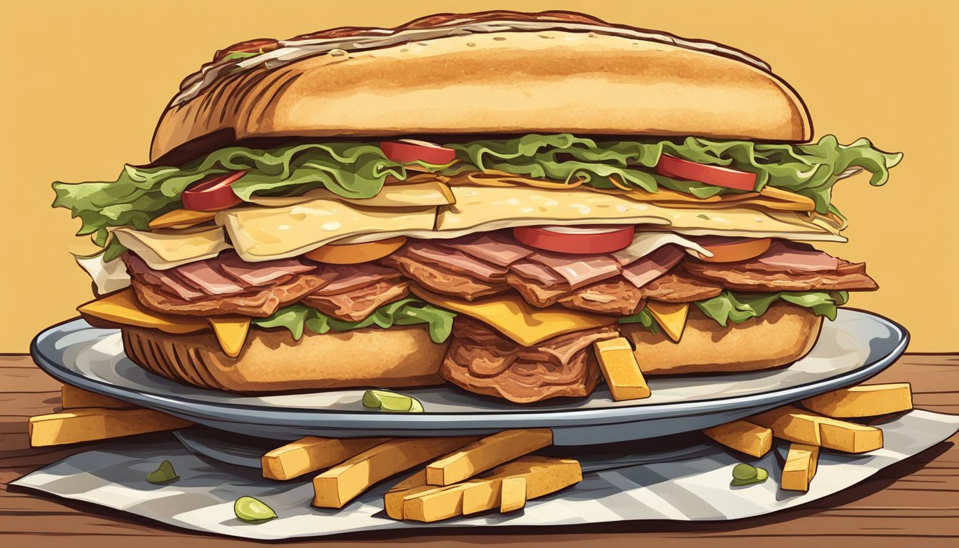 A towering sandwich with layers of meats, cheeses, and toppings, served on a large platter with a side of fries and a pickle spear