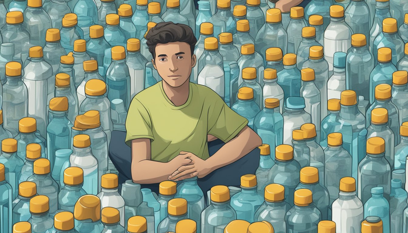 A person surrounded by numerous empty hint water bottles, with a look of discomfort and a hand clutching their stomach