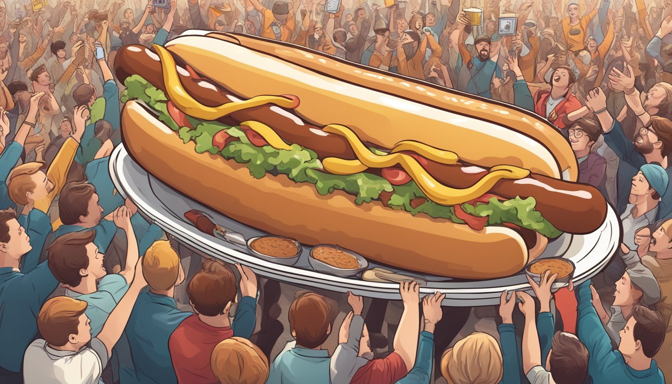 A giant hot dog on a plate, surrounded by a crowd of onlookers cheering and taking photos