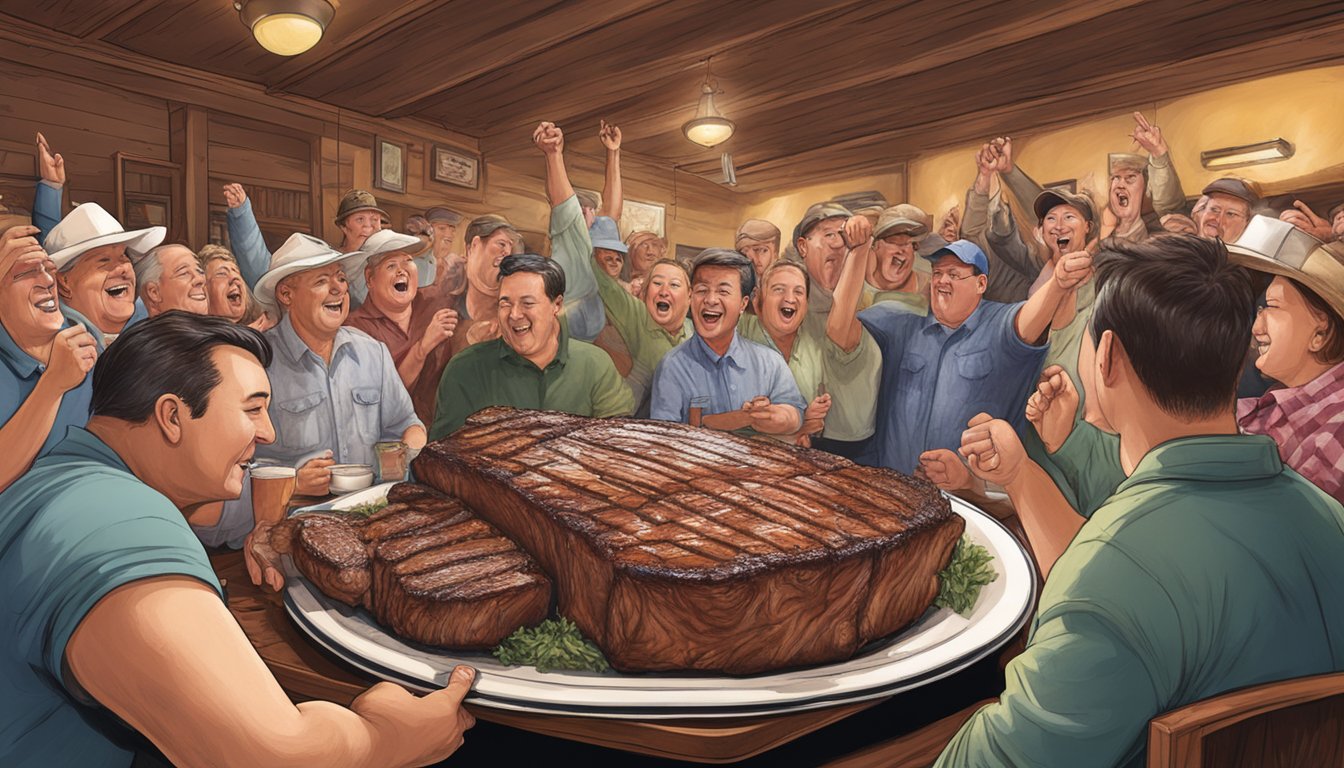 A massive 96-ounce steak on a platter surrounded by cheering spectators at Bear Creek Saloon & Steakhouse