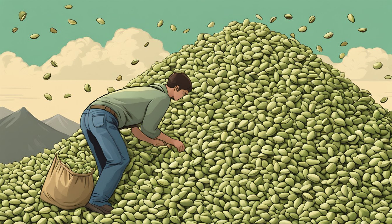 A mountain of empty pistachio shells surrounds a pile of overflowing bags, as a person struggles to lift another bag onto the pile