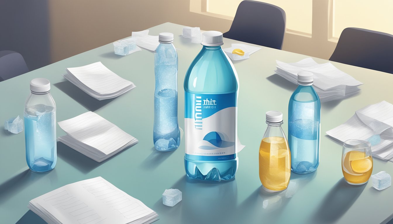 A table with multiple bottles of hint water, some empty, some half-full, and one untouched, surrounded by scattered papers with hydration guidelines