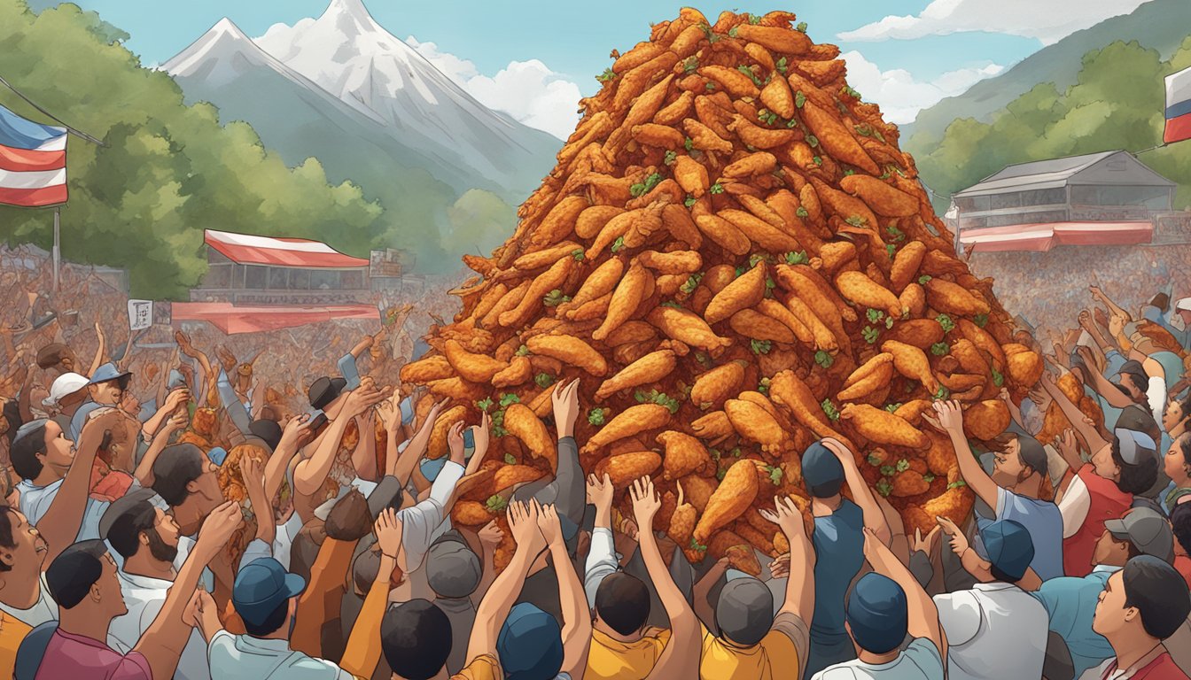 A towering mountain of spicy chicken wings surrounded by cheering onlookers