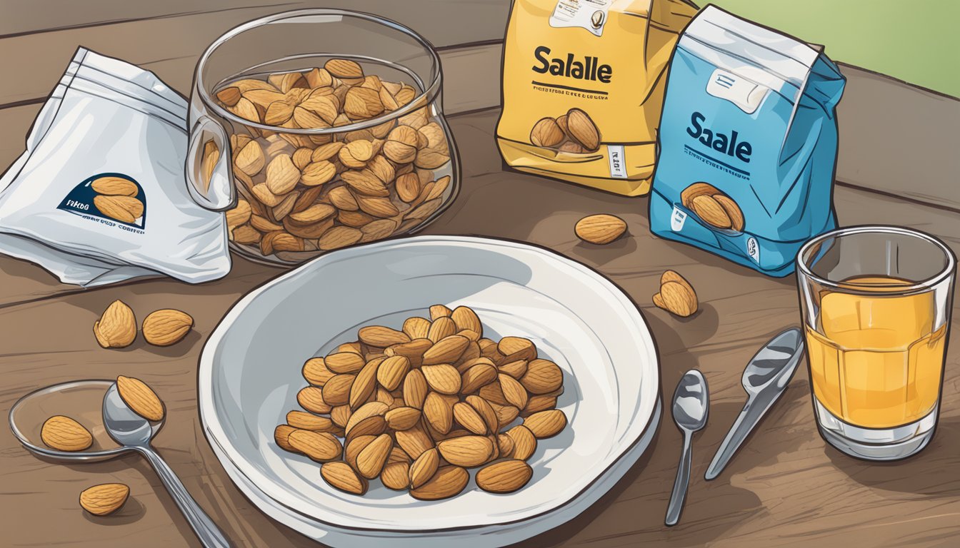 A table with various snack bags, including Sahale Snacks nut blends. An empty plate and glass of water are nearby