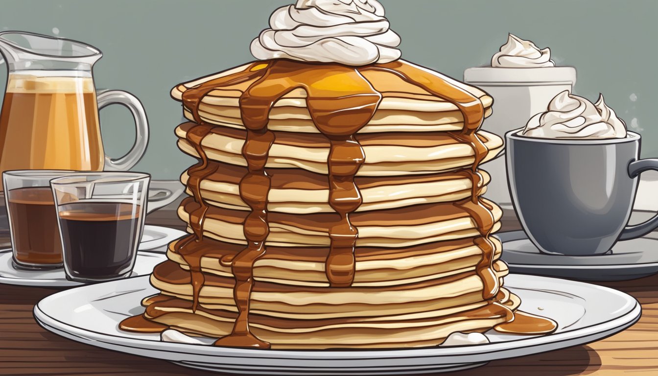 A towering stack of pancakes sits on a plate, topped with a mountain of whipped cream and a cascade of syrup. The challenge awaits