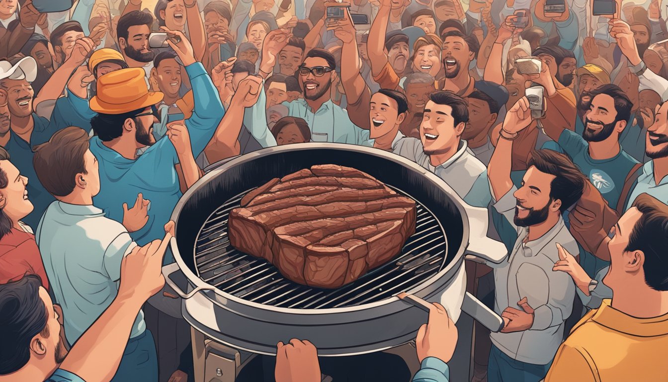 A massive steak sizzling on a hot grill, surrounded by a crowd of onlookers cheering and taking photos