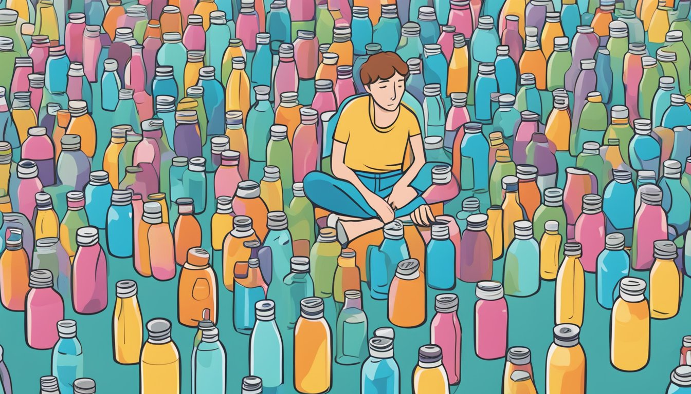 A person surrounded by empty hint water bottles, looking overwhelmed