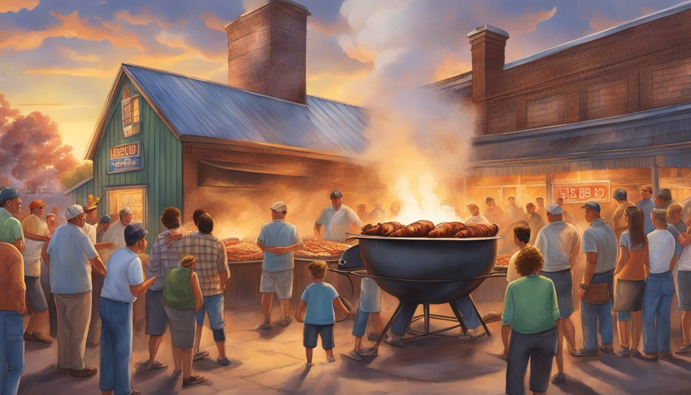 A large pig roasting on a spit over an open flame at Eli's BBQ in Ohio. The smoke billows up as the meat cooks, surrounded by onlookers and a festive atmosphere