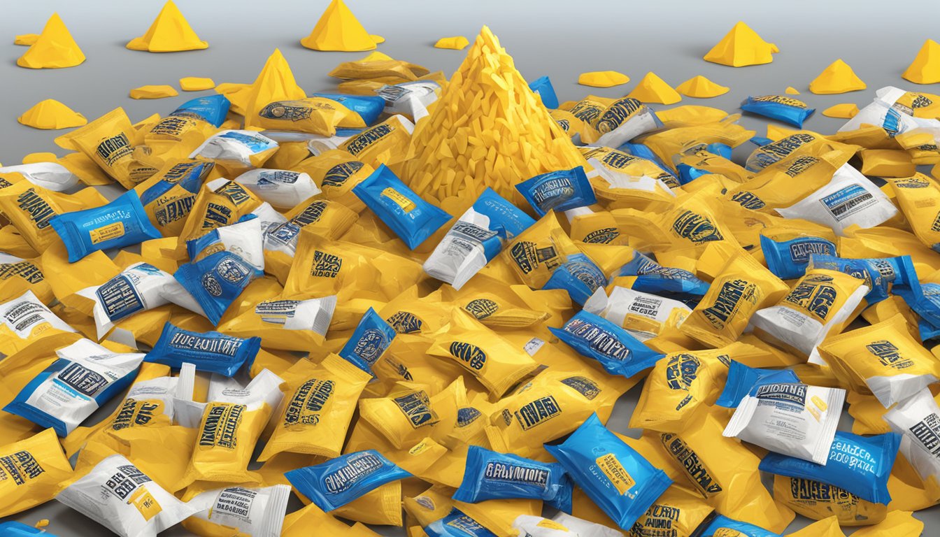 A mountain of Sahale Snacks nut blend bags, overflowing and spilling onto the floor, surrounded by caution tape