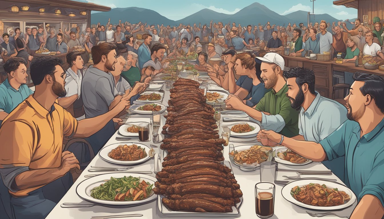 A crowded restaurant with a long table, surrounded by cheering onlookers, as contestants devour mountains of ribs