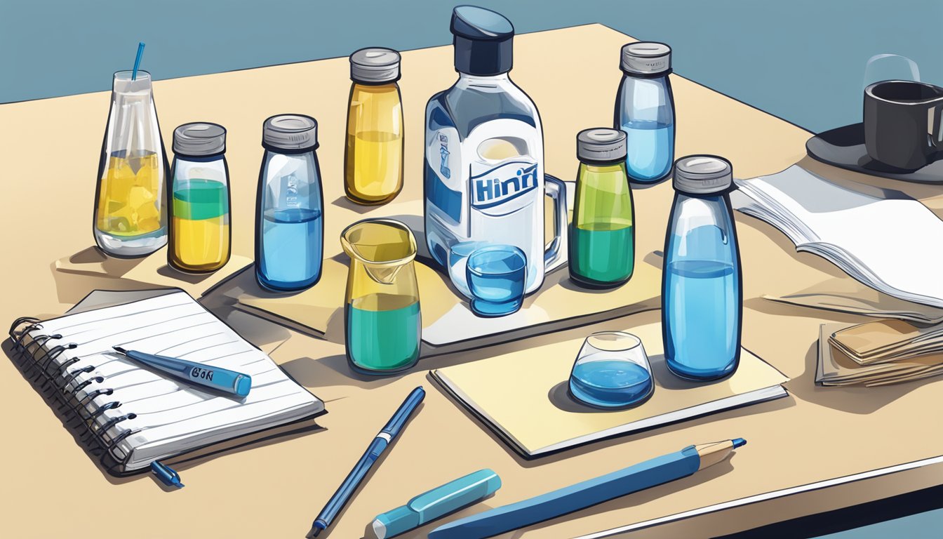 A table with multiple bottles of hint water, a measuring cup, and a notebook for tracking servings