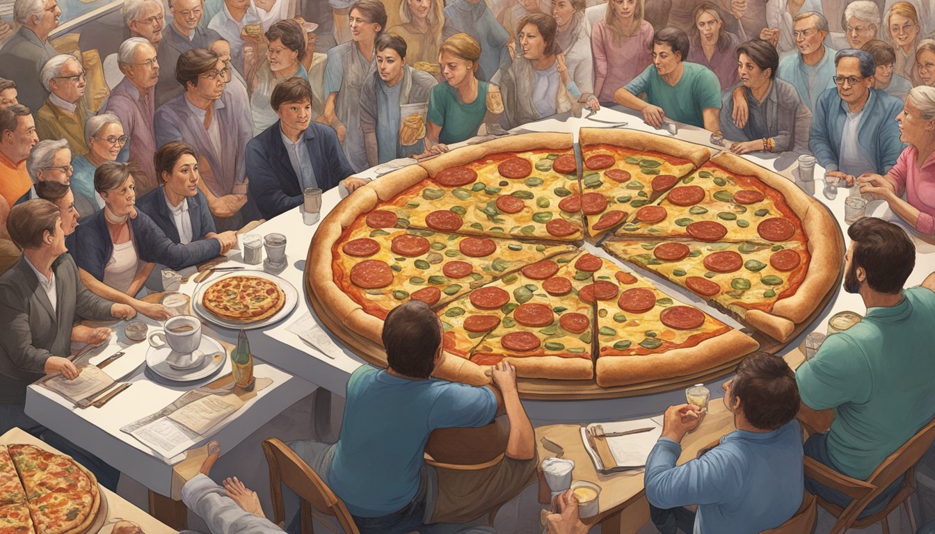 A massive pizza slice towering over a table, surrounded by onlookers at Benny Pennello's