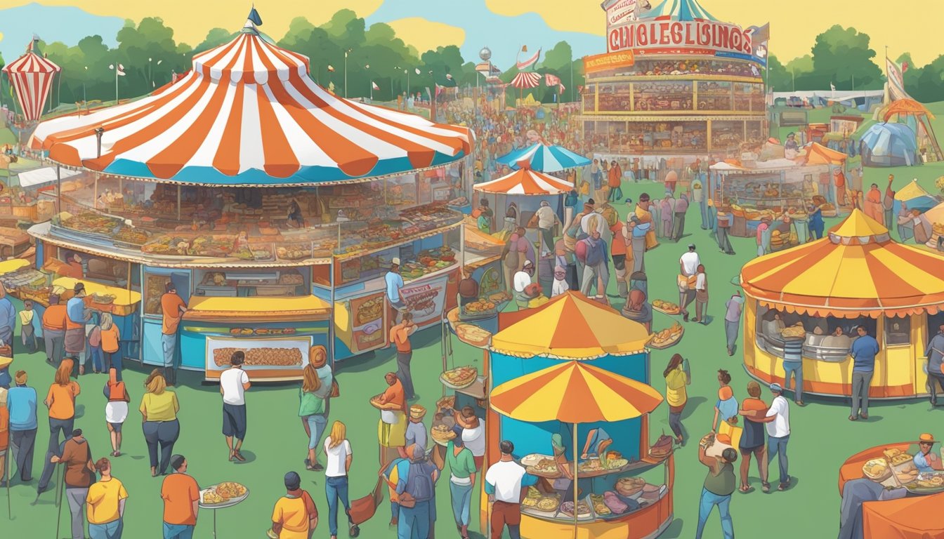 A crowded Ohio fairground with food vendors and enthusiastic onlookers watching participants attempt various food challenges