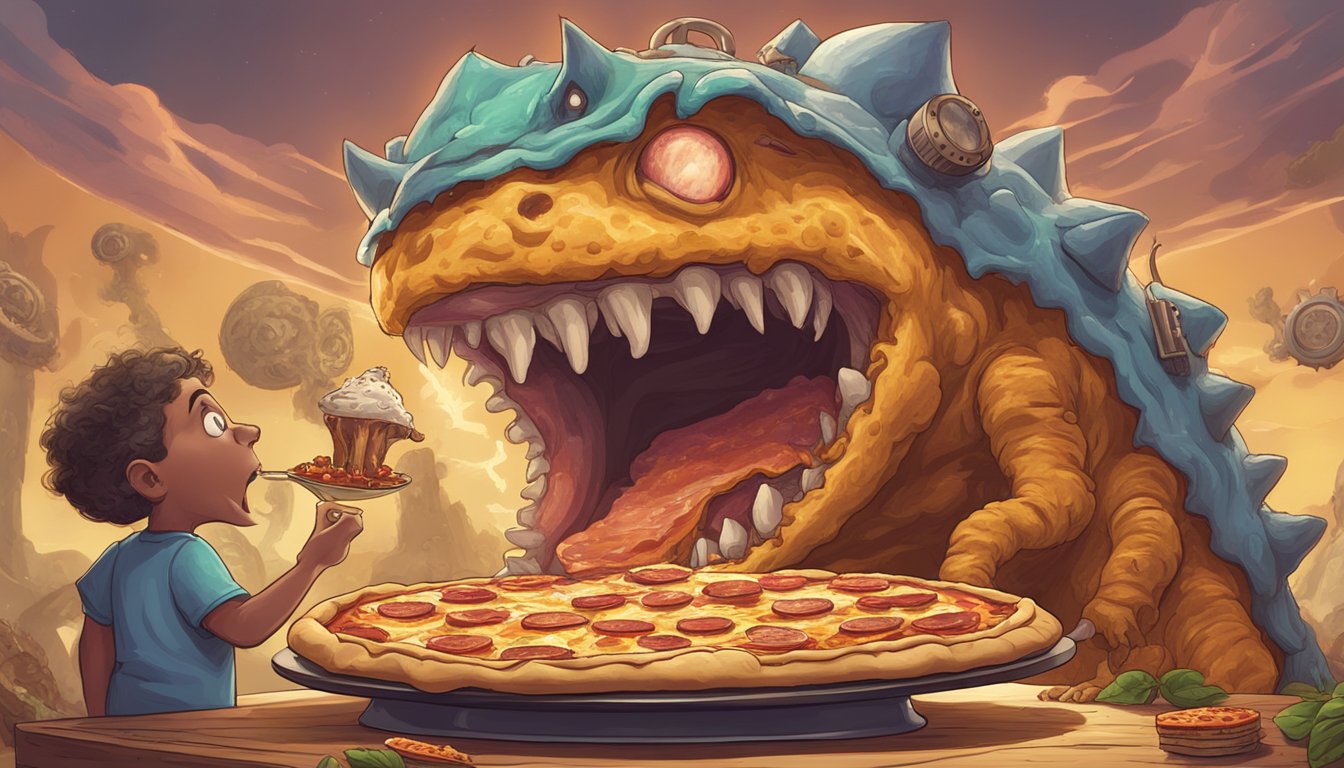 A giant pizza monster with clockwork gears devouring a massive pizza pie in a food challenge setting in North Carolina