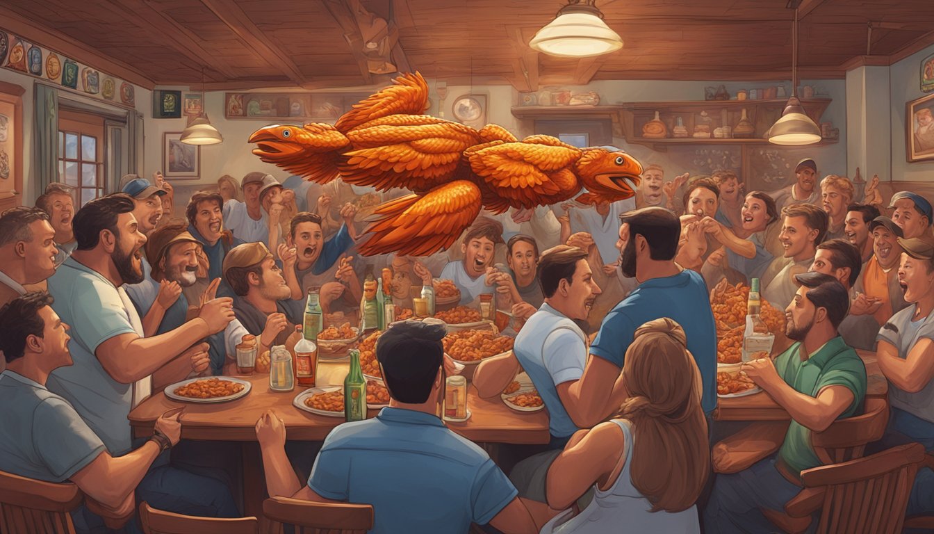 A table piled high with spicy hot wings, surrounded by cheering onlookers in a bustling North Carolina tavern