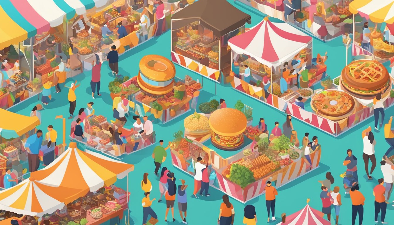 A crowded fairground with diverse food challenge booths, people cheering and taking photos, colorful banners and food displays