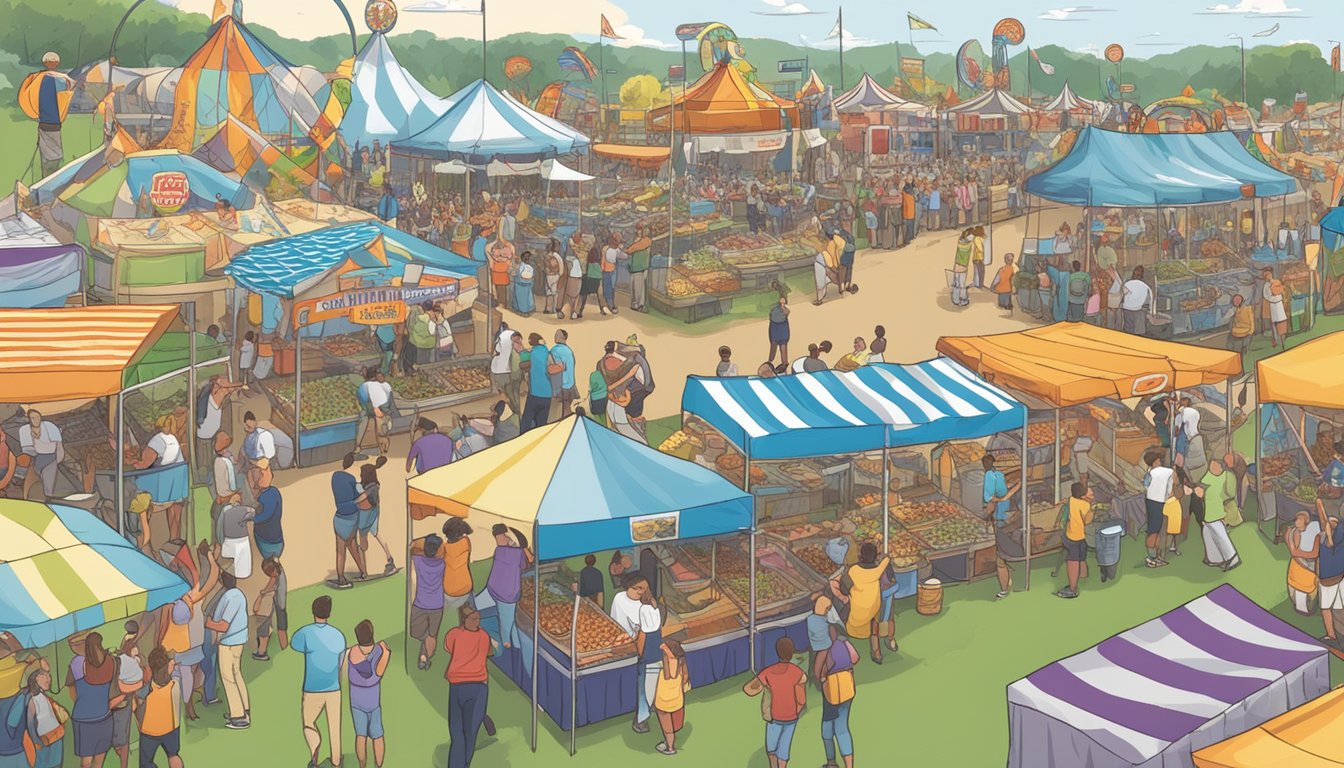 A crowded fairground with food vendors, people cheering on contestants, and a large banner displaying the "North Carolina Food Challenges" logo