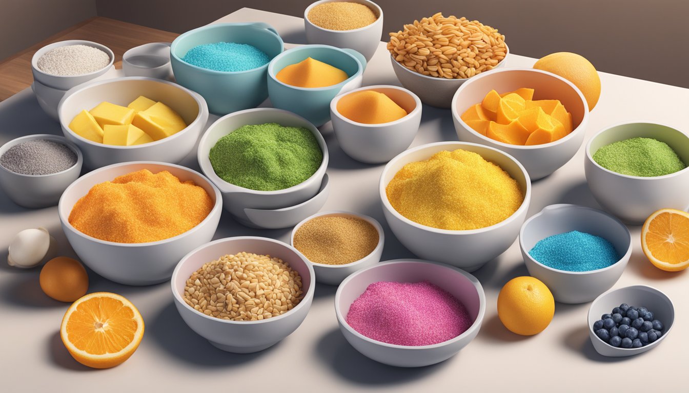 A colorful array of Alani Nu products overflowing on a kitchen counter, with multiple serving scoops scattered around