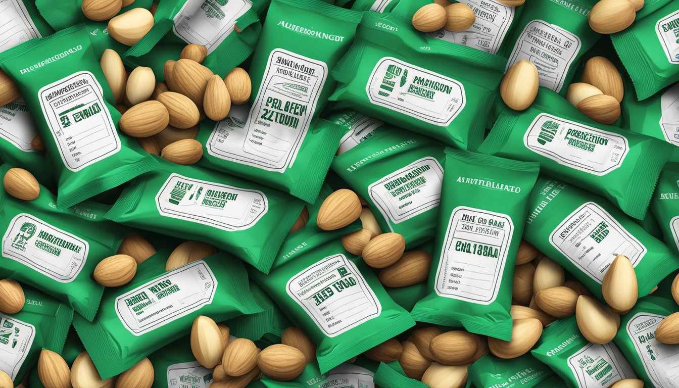 A pile of empty Emerald Nuts bags stacked high, surrounded by scattered nuts and a nutrition label