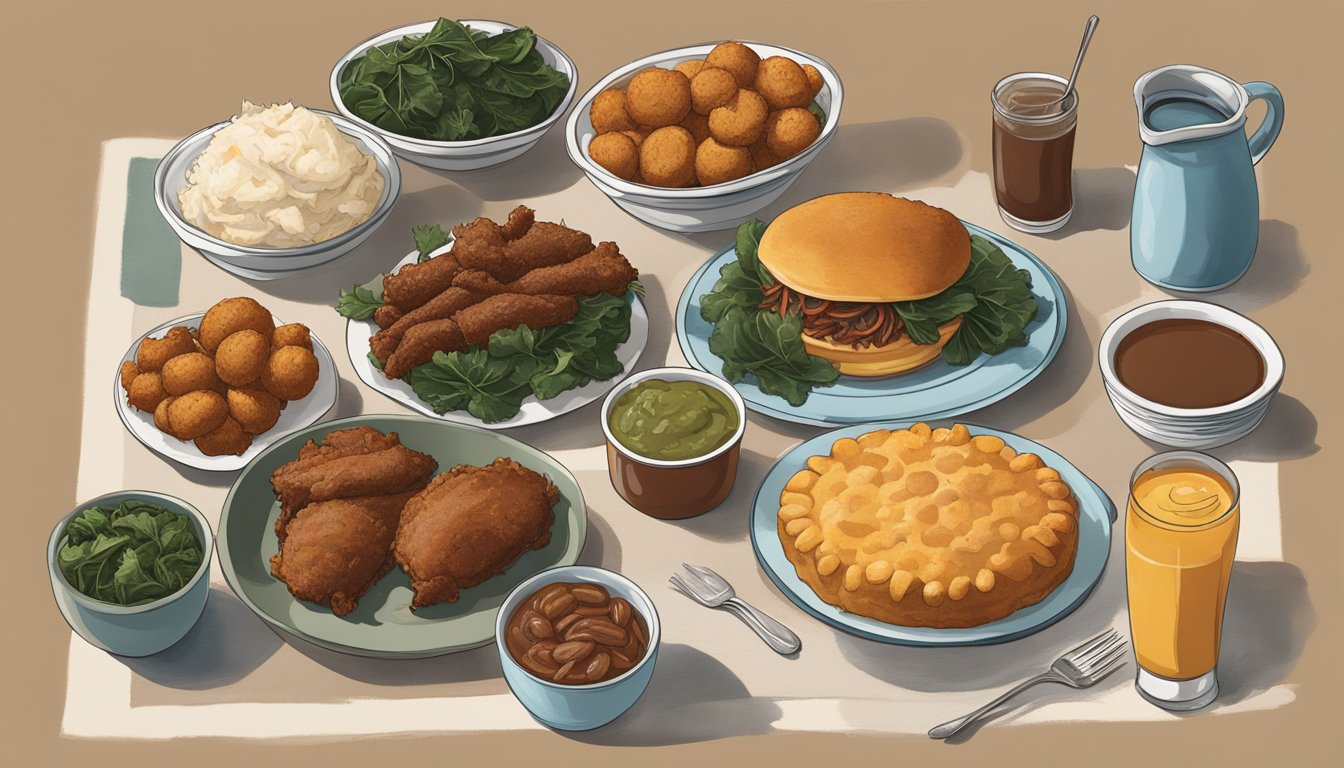 A table spread with iconic North Carolina dishes: pulled pork barbecue, hush puppies, collard greens, and sweet potato pie