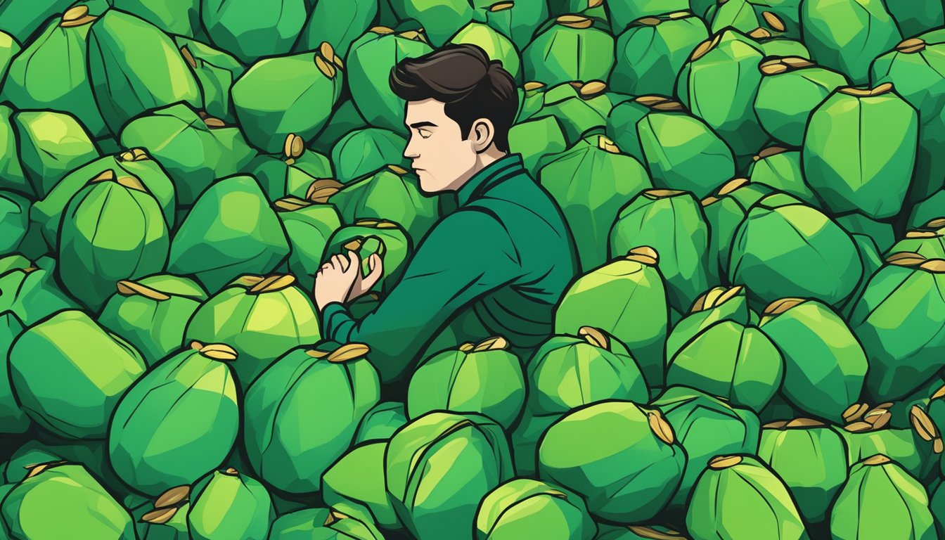 A person surrounded by multiple bags of Emerald nuts, with a concerned expression on their face as they try to determine how many is too much