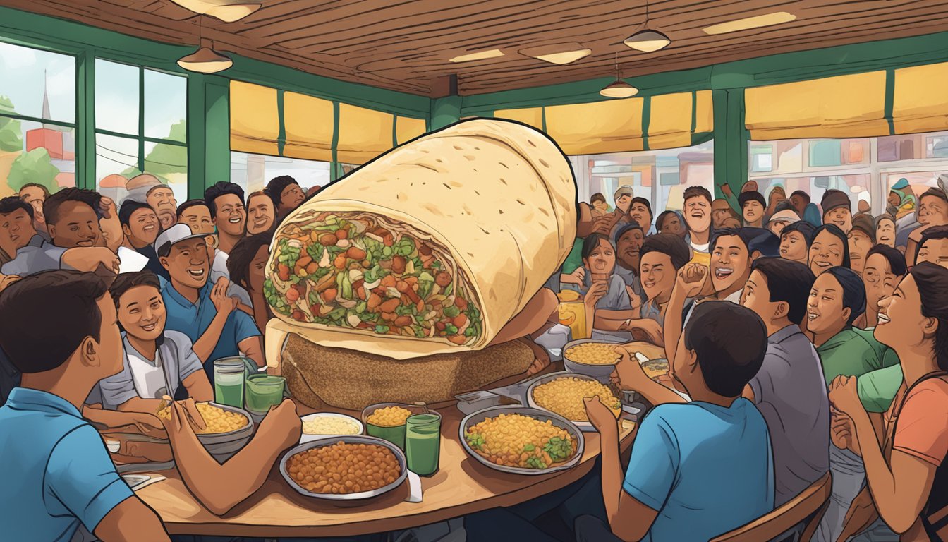 A massive burrito towering over a table, surrounded by cheering spectators at Anna's Taqueria