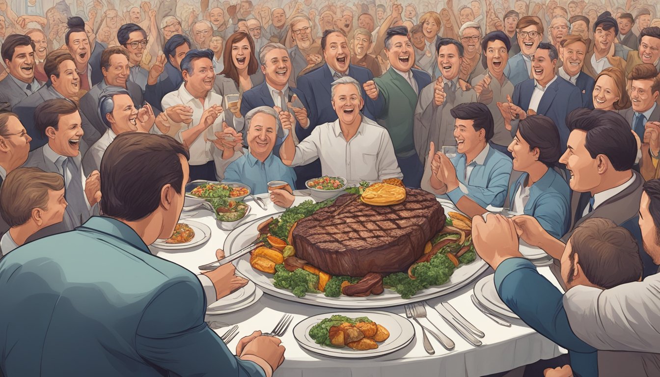 A massive steak on a plate surrounded by cheering onlookers