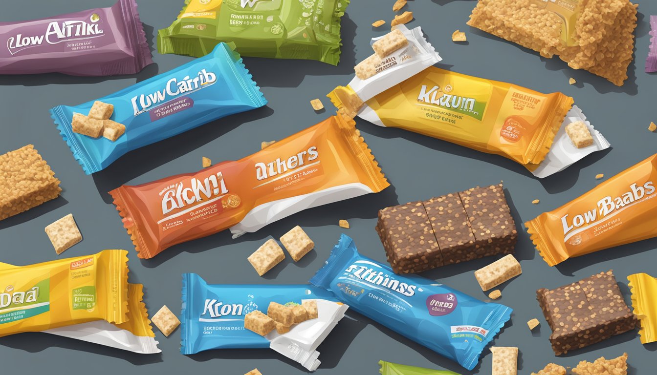 A table scattered with empty Atkins Low-Carb Meal Bar wrappers, with a pile of uneaten bars in the center