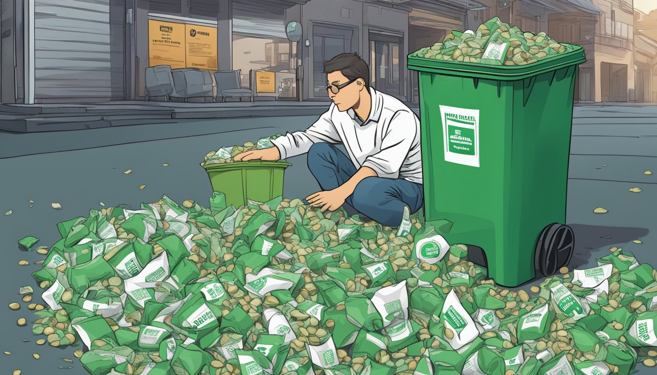 A pile of empty Emerald Nuts bags scattered around an overflowing trash can, with a concerned person looking at a nutrition label