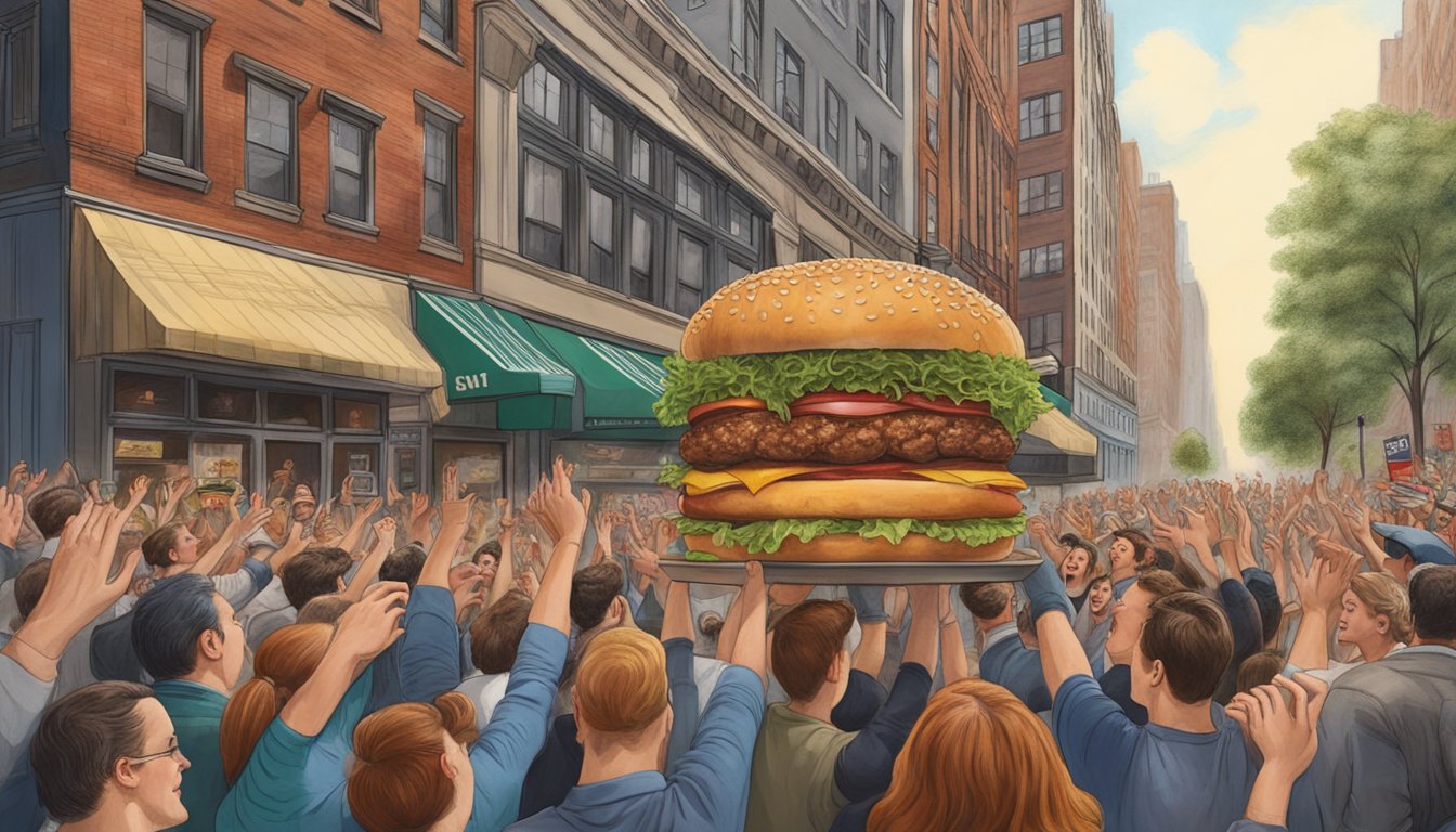 A towering burger surrounded by cheering onlookers at Clinton St. Baking Company in New York