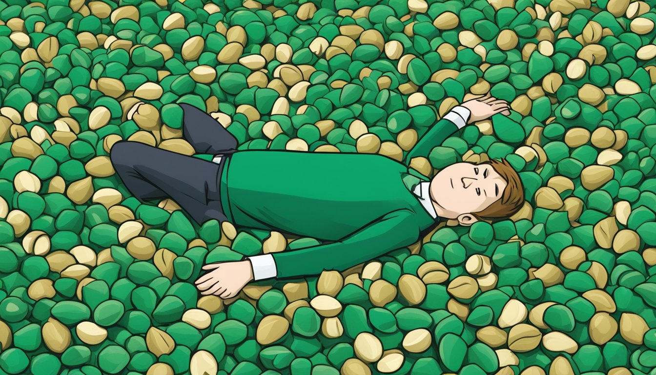 A pile of empty Emerald Nuts bags surrounds a person, with a look of discomfort, holding their stomach