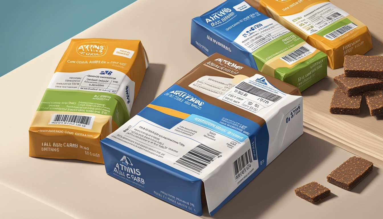 A pile of Atkins low carb meal bars stacked on a kitchen counter, with a nutrition label showing the recommended daily intake