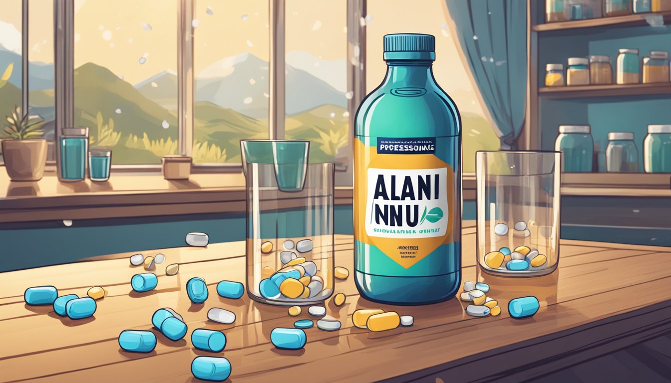 A bottle of Alani Nu supplements overflowing with pills, spilling onto a table, surrounded by empty glasses and a worried expression