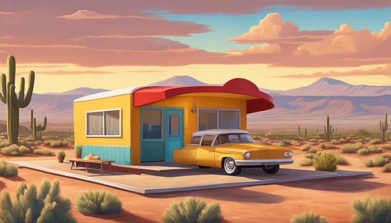 A foot-long chile cheese dog sits on a red tray outside a dog house-shaped drive-in, with a New Mexico desert landscape in the background